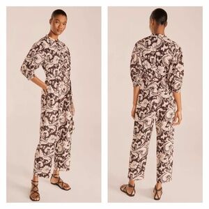 REBECCA TAYLOR | Scroll Paisley Pleated Jumpsuit Cotton Brown